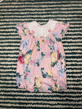 Rare Editions Pink Floral Baby Bubble Romper vintage collar 3d flower 18-24 m